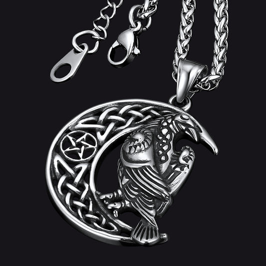 FaithHeart Viking Celtic Crescent Moon Necklace With Odin Raven FaithHeartimg