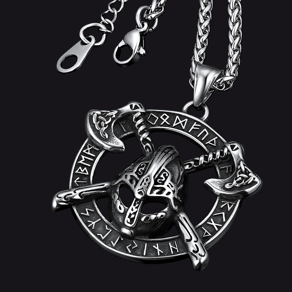 FaithHeart Viking Axe Helmet Pendant Necklace For Men With Runes FaithHeart