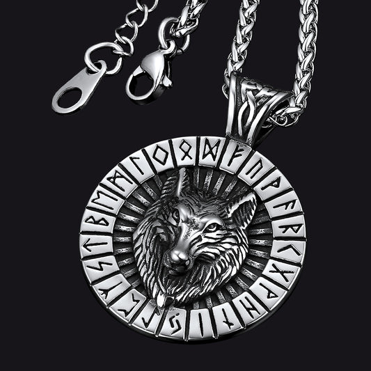 FaithHeart Viking Wolf Amulet Necklace With Runes For Men FaithHeart