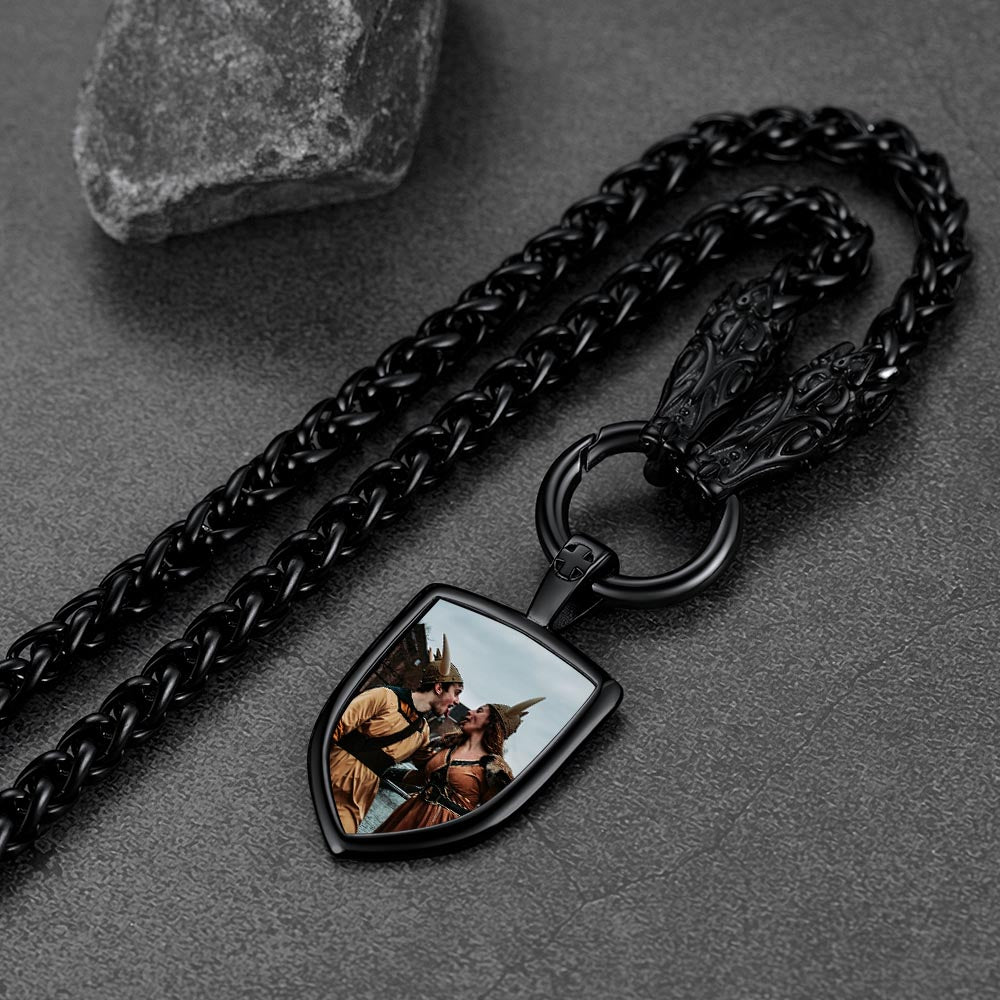 FaithHeart Custom Picture Shield Necklace with Wolf Chain for Men FaithHeart