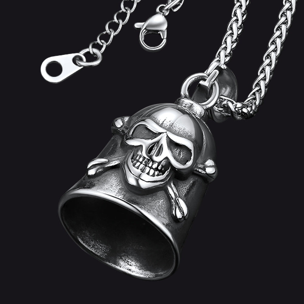 FaithHeart Biker Skull Bell Necklace For Men Stainless Steel FaithHeart