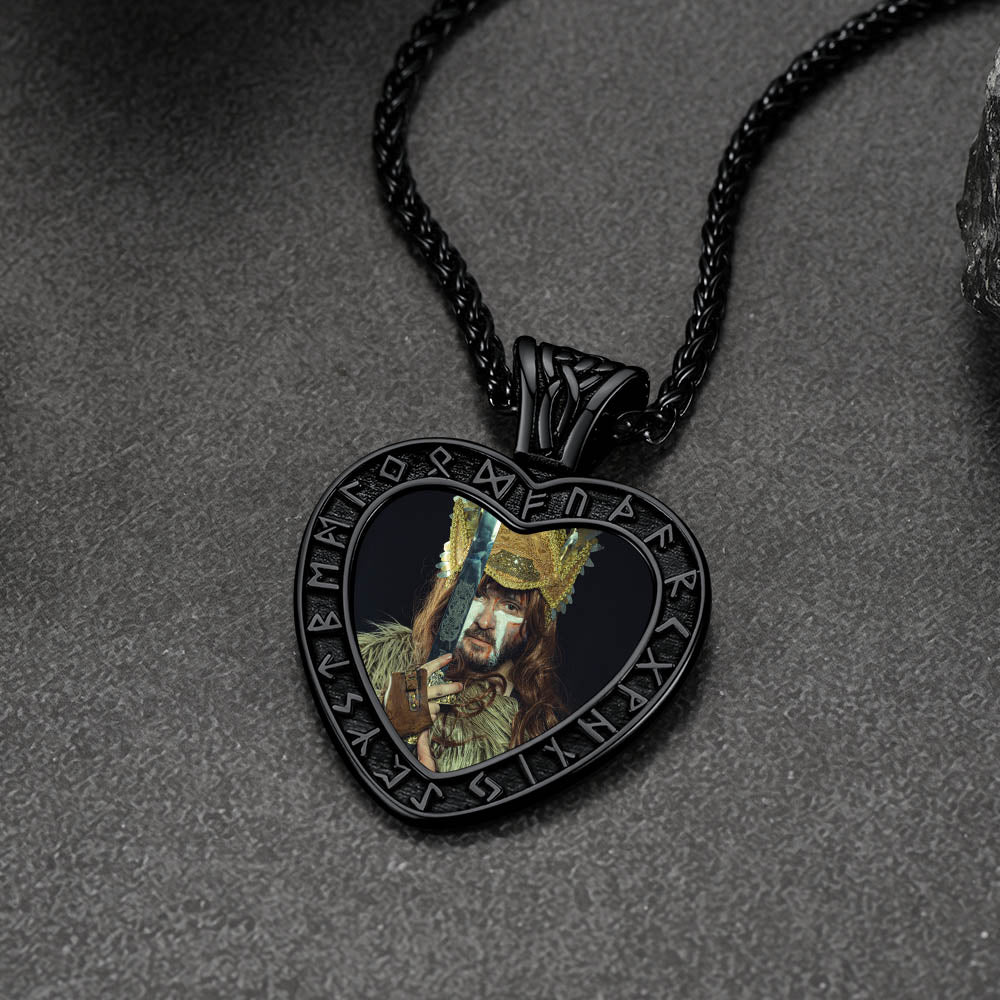 FaithHeart Personalized Photo/Text Engraved Heart Necklace with Rune FaithHeart