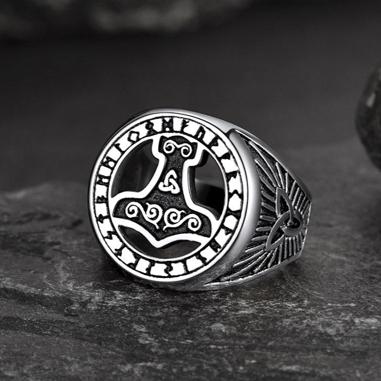 FaithHeart Viking Thor's Hammer Ring with Runes for Men FaithHeart