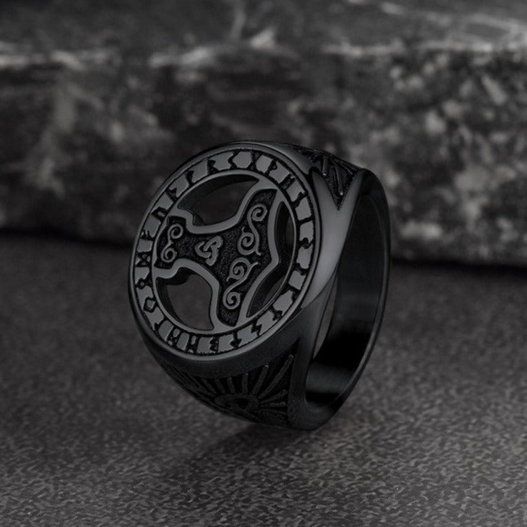 FaithHeart Viking Thor's Hammer Ring with Runes for Men FaithHeart