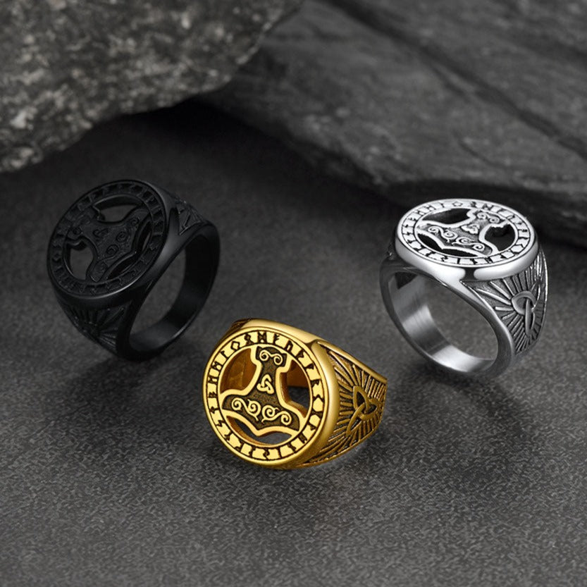 FaithHeart Viking Thor's Hammer Ring with Runes for Men FaithHeart