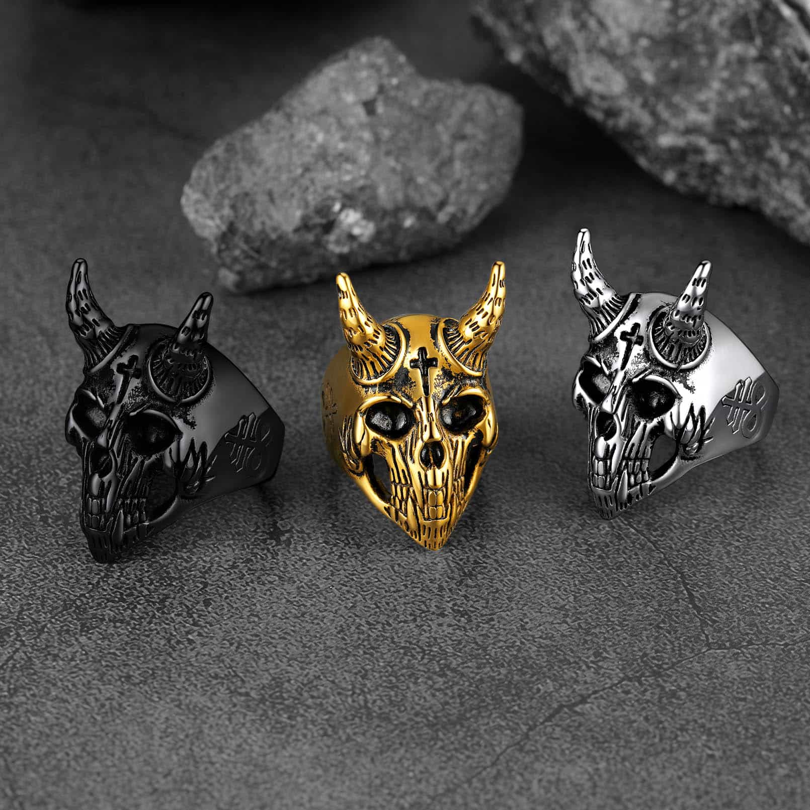 FaithHeart Satanic Baphomet Goat Skull Head Ring for Men FaithHeart