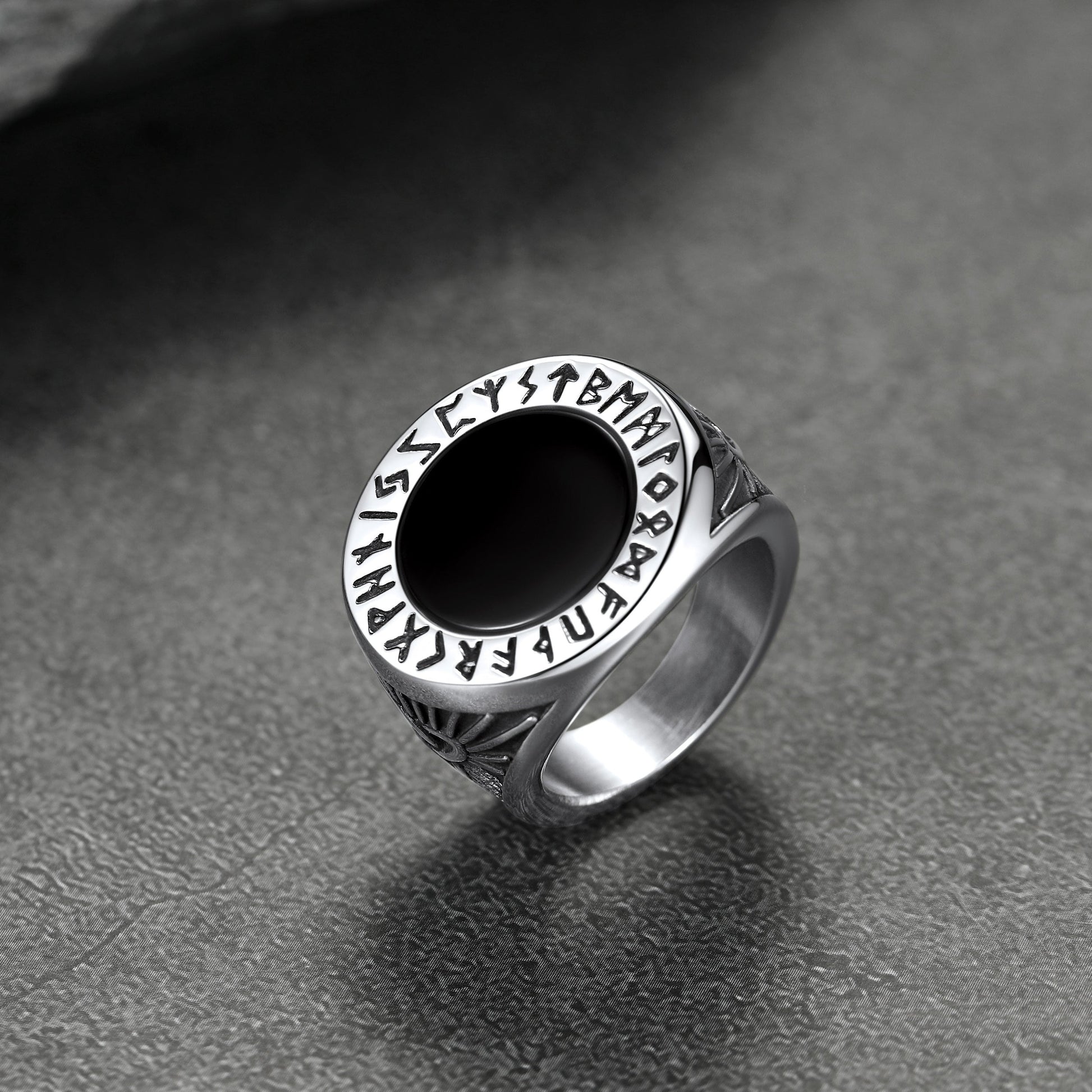 FaithHeart Viking Rune Ring Round Black Onyx Stone Rings FaithHeart