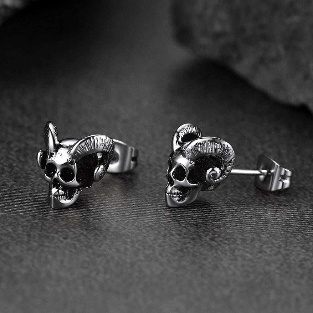 FaithHeart Satan Baphomet Goat Skull Head Stud Earrings For Men FaithHeart