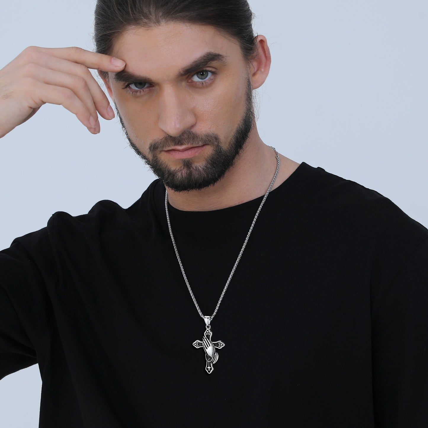 FaithHeart Praying Hands Cross Necklace For Men FaithHeart
