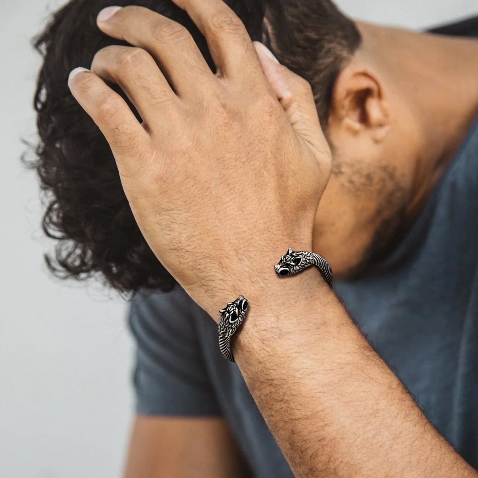 FaithHeart Viking Wolf Head Arm Ring Cuff Bracelet For Men FaithHeart