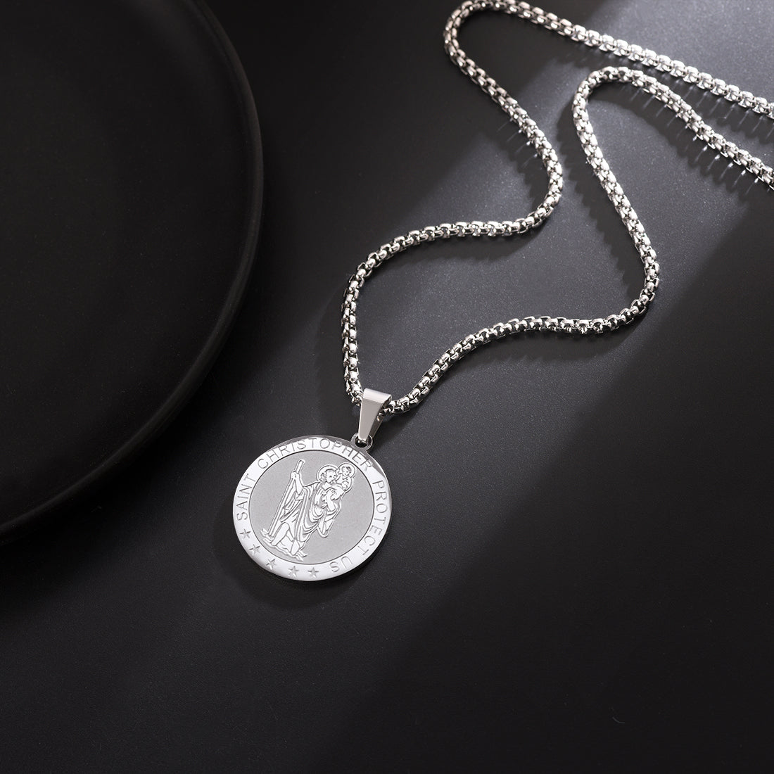 FaithHeart Engraved Round St. Christopher Medal Pendant Necklace For Men FaithHeart