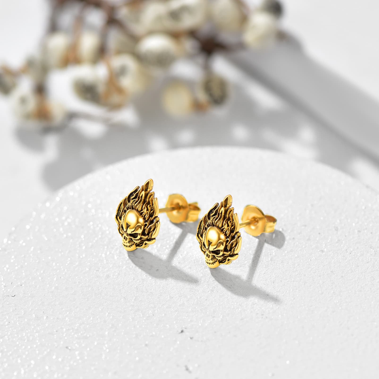 FaithHeart Flame Skull Stud Earrings For Men FaithHeart