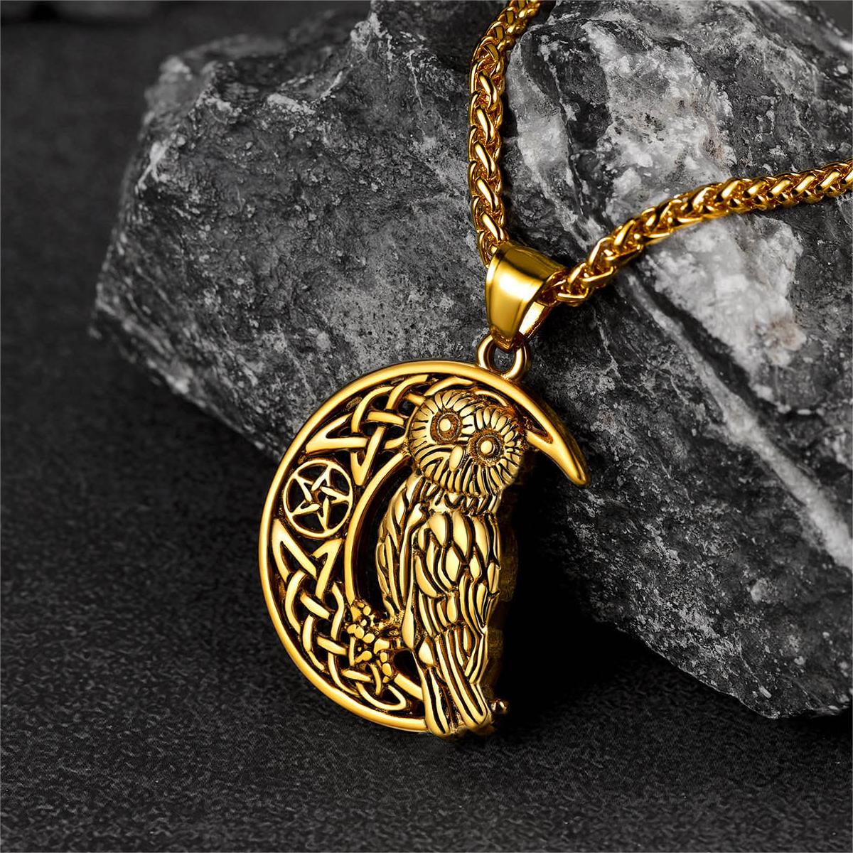 FaithHeart Viking Celtic Crescent Moon Owl Necklace for Men FaithHeart