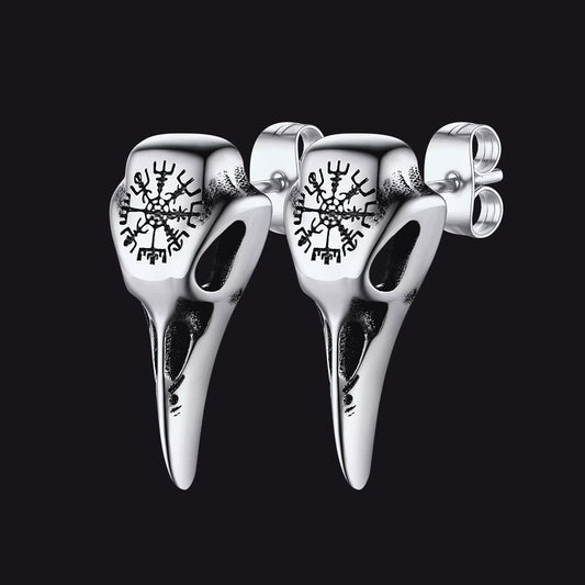 FaithHeart Viking Raven Skull Stud Earrings With Compass For Men FaithHeartimg