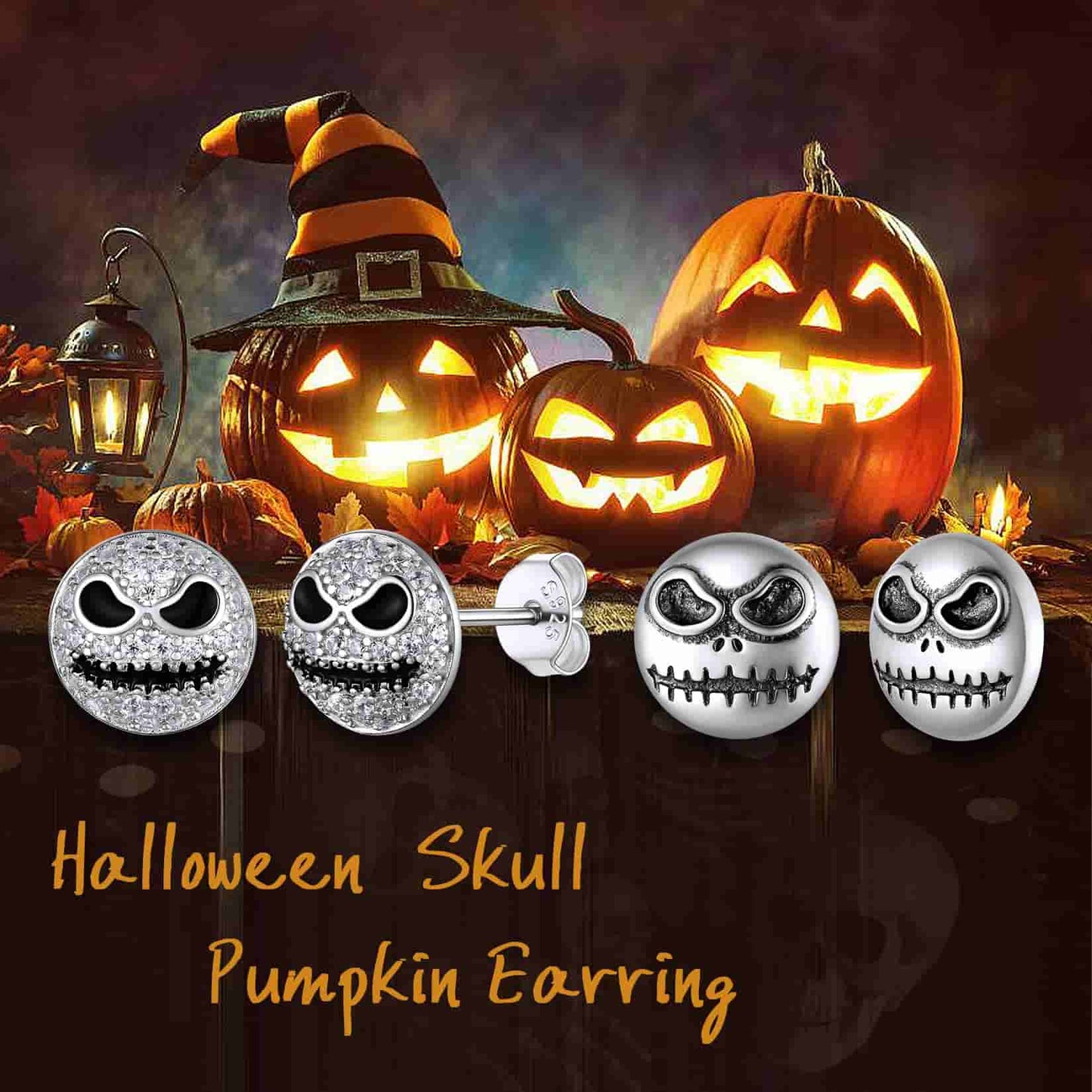FaithHeart Sterling Silver Jack Skellington Stud Earrings For Men Cubic Zirconia FaithHeart