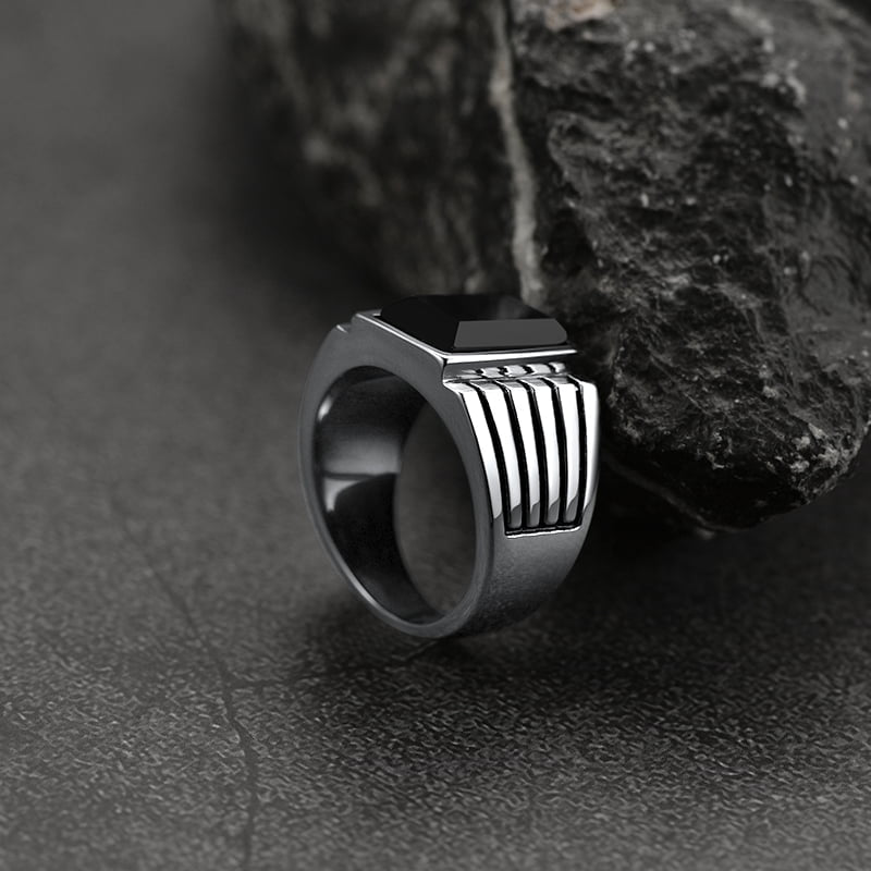 FaithHeart Stripes Black Onyx Ring For Men FaithHeart
