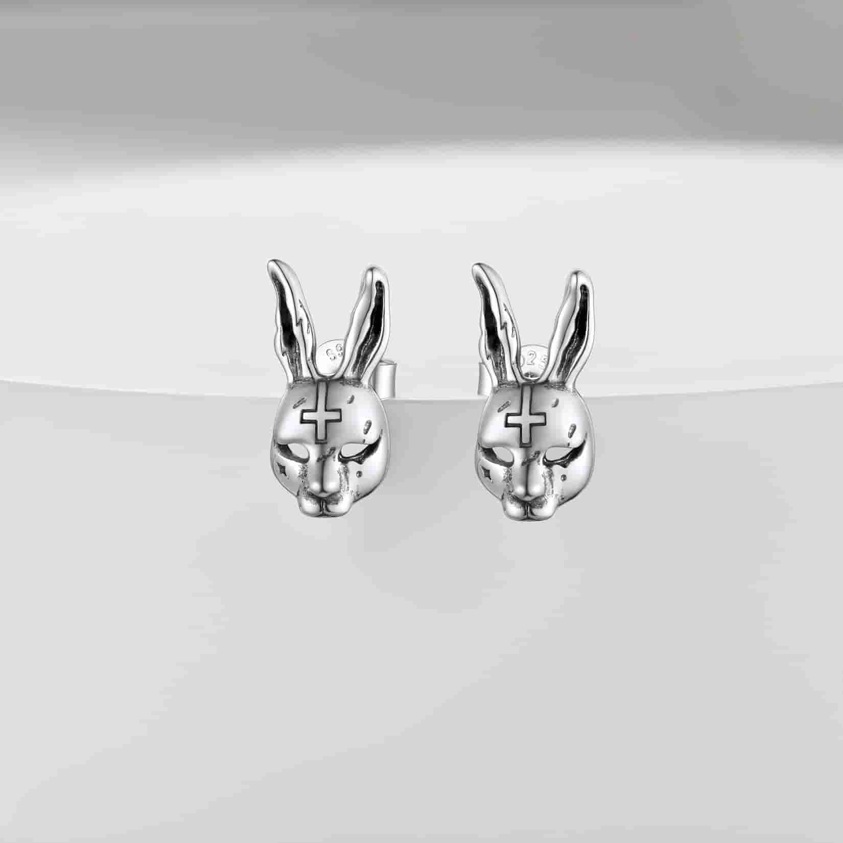 FaithHeart Sterling Silver Halloween Evil Bunny Stud Earrings For Men FaithHeart