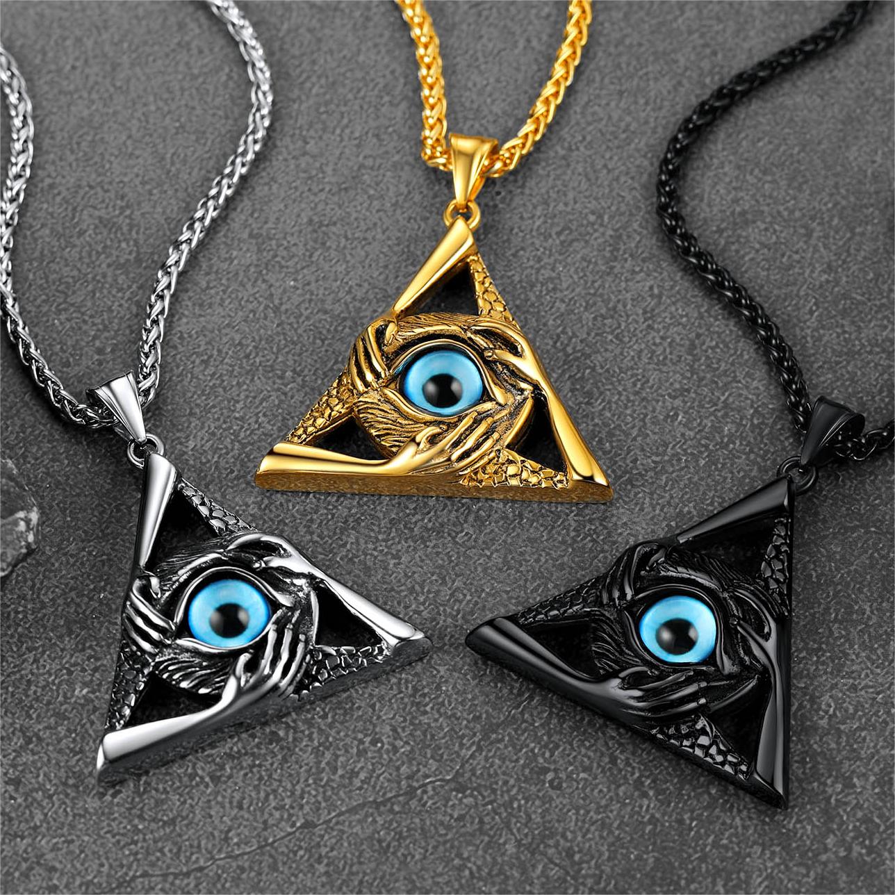 FaithHeart Vintage All-Seeing Eye Necklace Triangle Evil Eye Pendant For Men FaithHeart