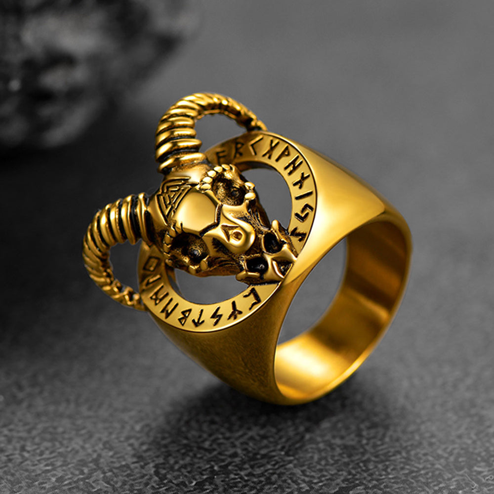 FaithHeart Satanic Goat Skull Ring With Viking Runes For Men FaithHeart
