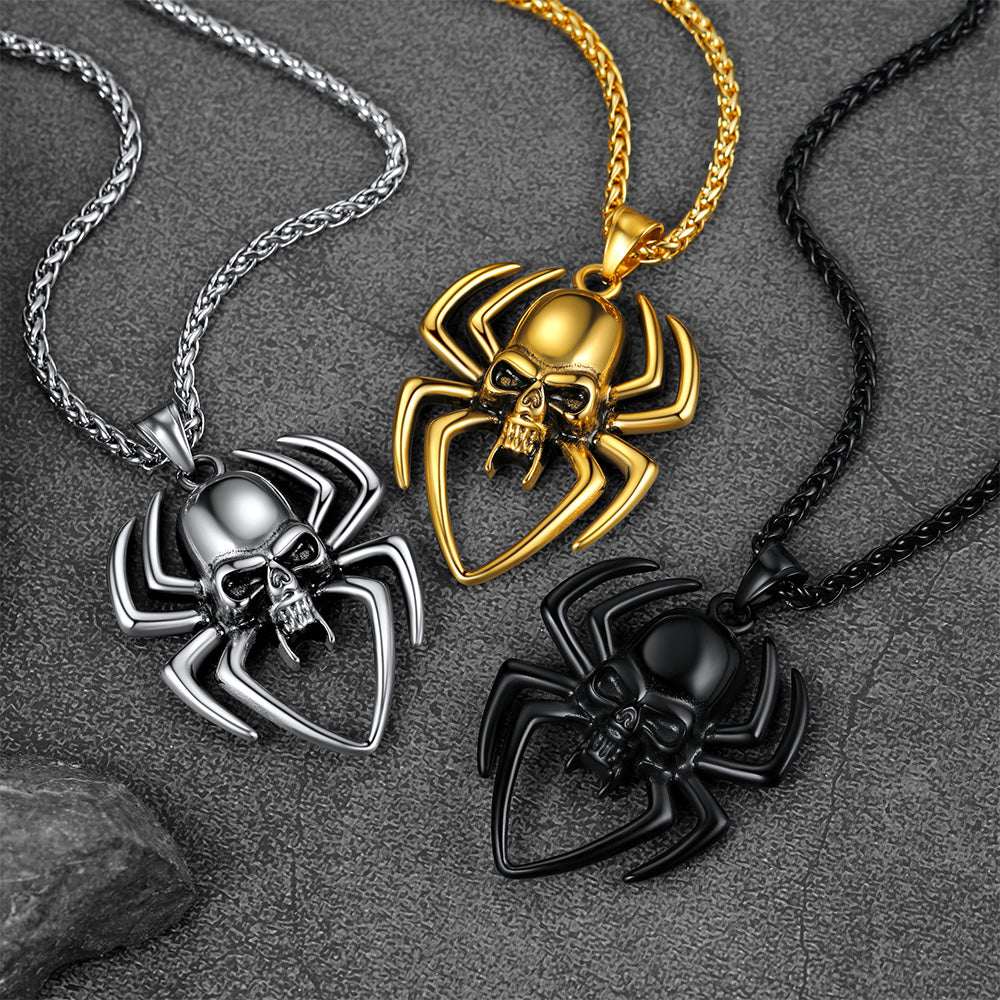 FaithHeart Gothic Skull Spider Necklace For Men Stainless Steel FaithHeart