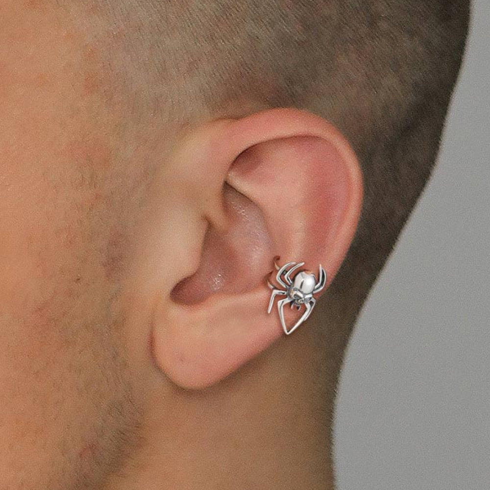 FaithHeart Sterling Silver Spider Skull Ear Cuff Earrings For Men FaithHeart