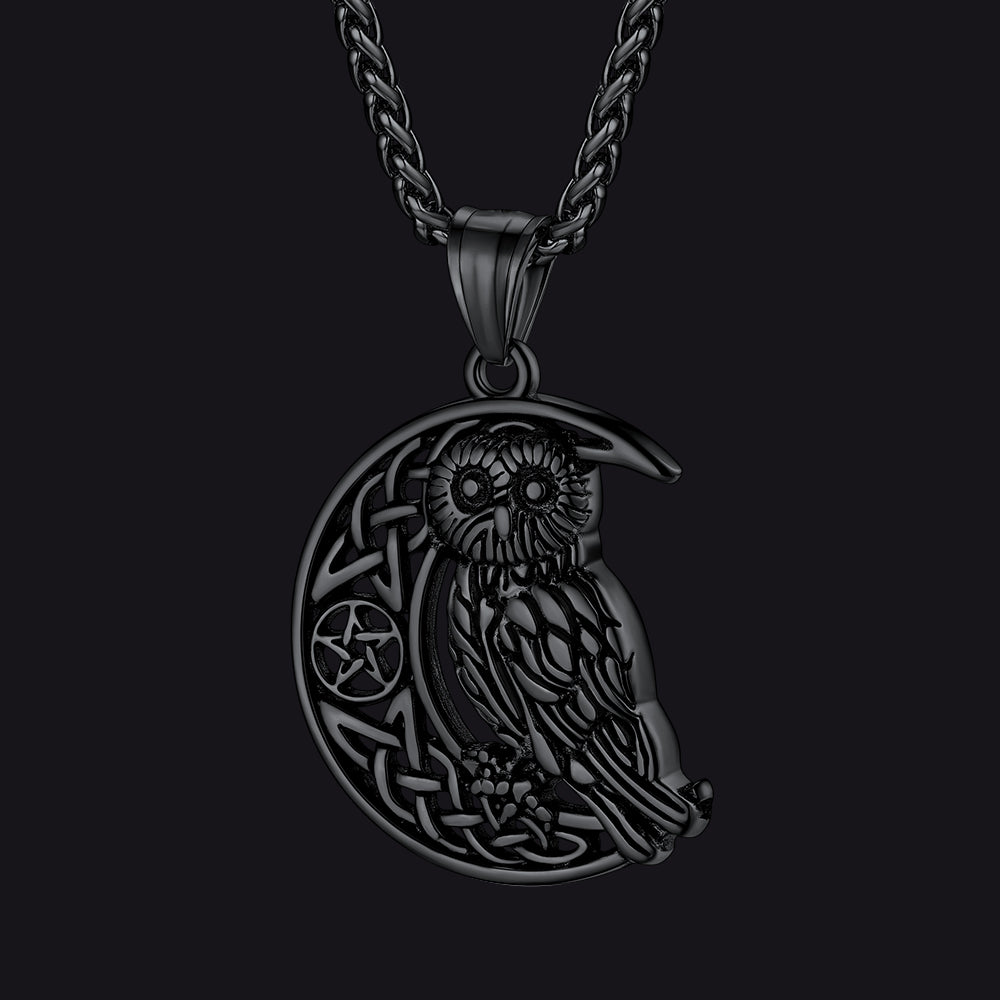 FaithHeart Viking Celtic Crescent Moon Owl Necklace for Men FaithHeart