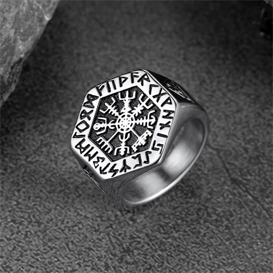 FaithHeart Viking Hexagon Compass Ring With Runes For Men FaithHeart