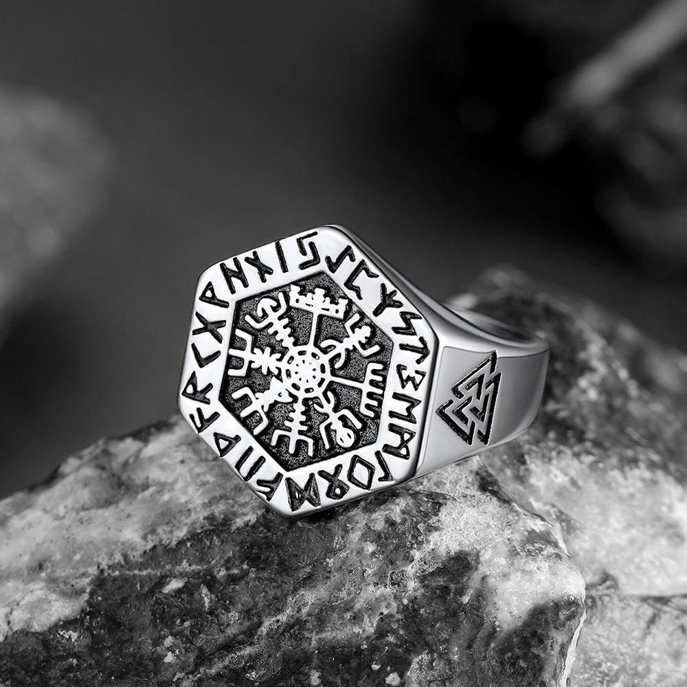 FaithHeart Viking Hexagon Compass Ring With Runes For Men FaithHeart