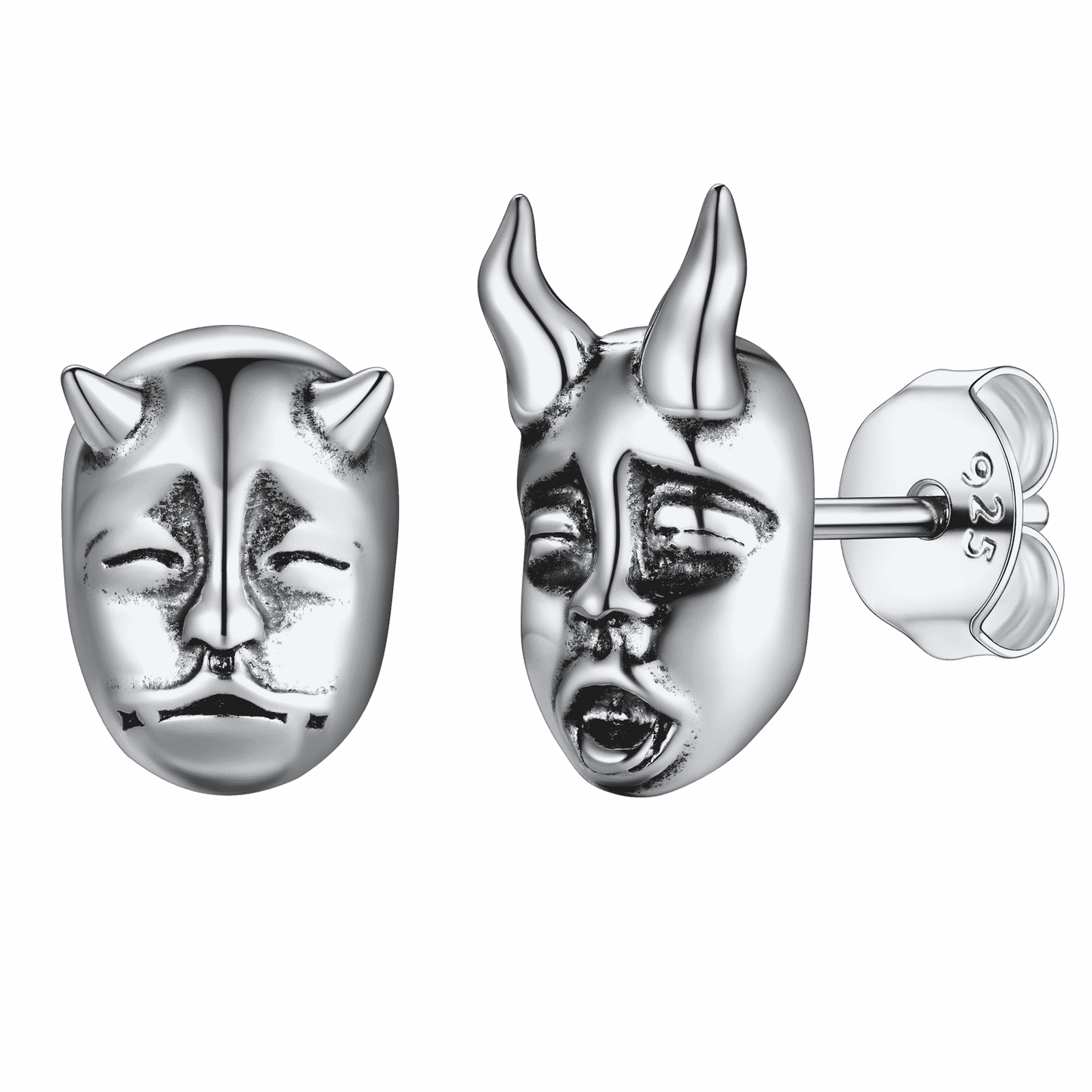 FaithHeart Sterling Silver Hannya Mask Stud Earrings For Men FaithHeart
