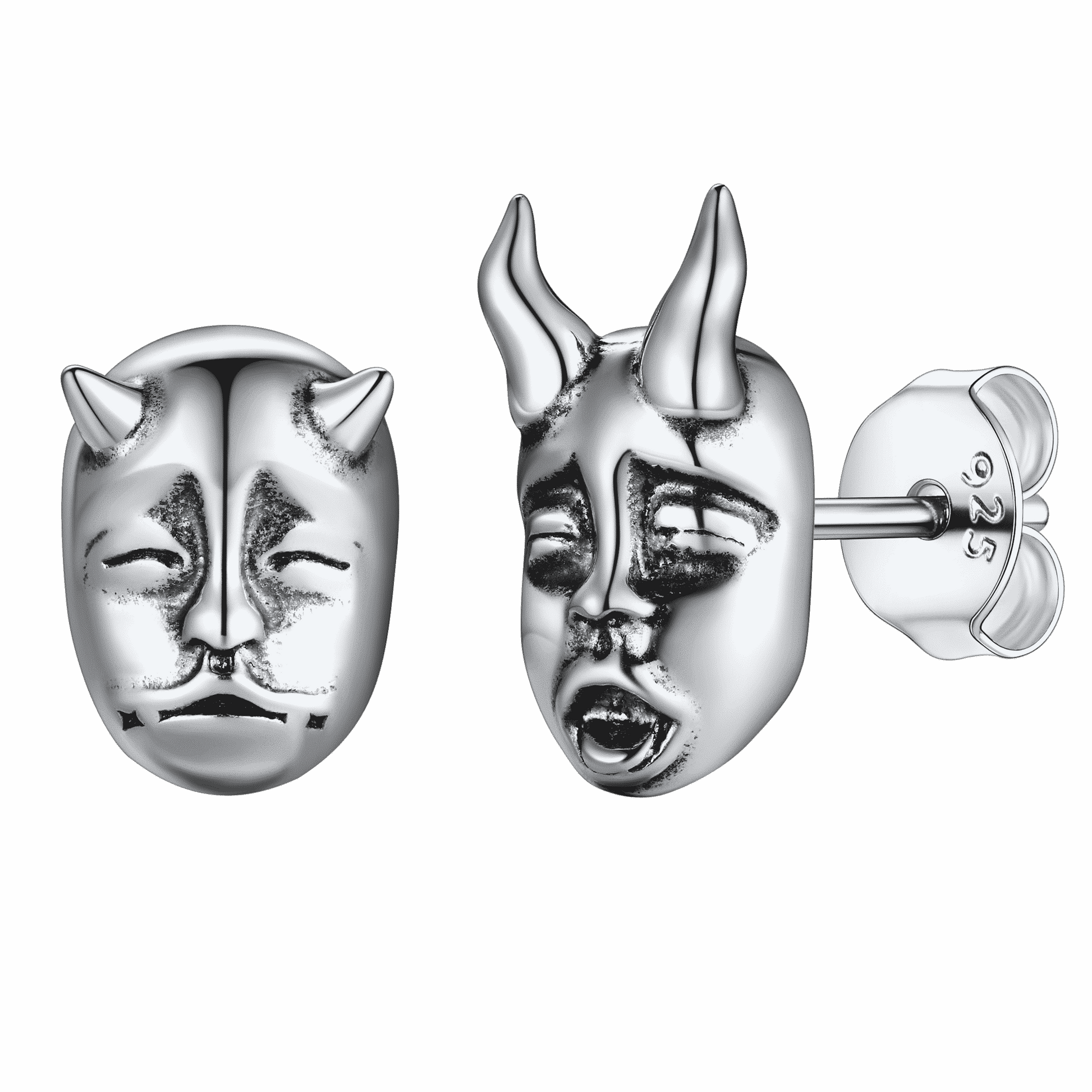 FaithHeart Sterling Silver Hannya Mask Stud Earrings For Men FaithHeart