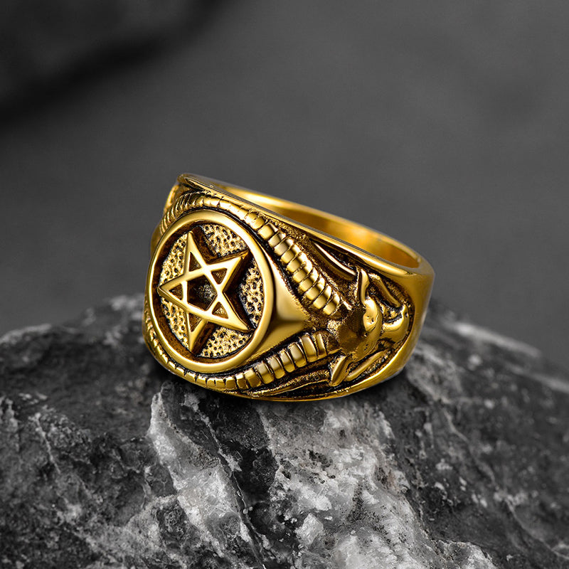 FaithHeart Satanic Goat Pentagram Ring Baphomet Ring for Men FaithHeart