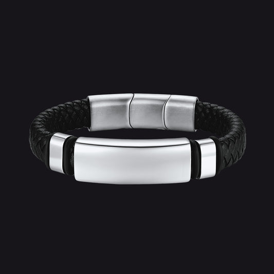 FaithHeart Custom ID Tag Braided Black Leather Bracelet Cuff For Men FaithHeart