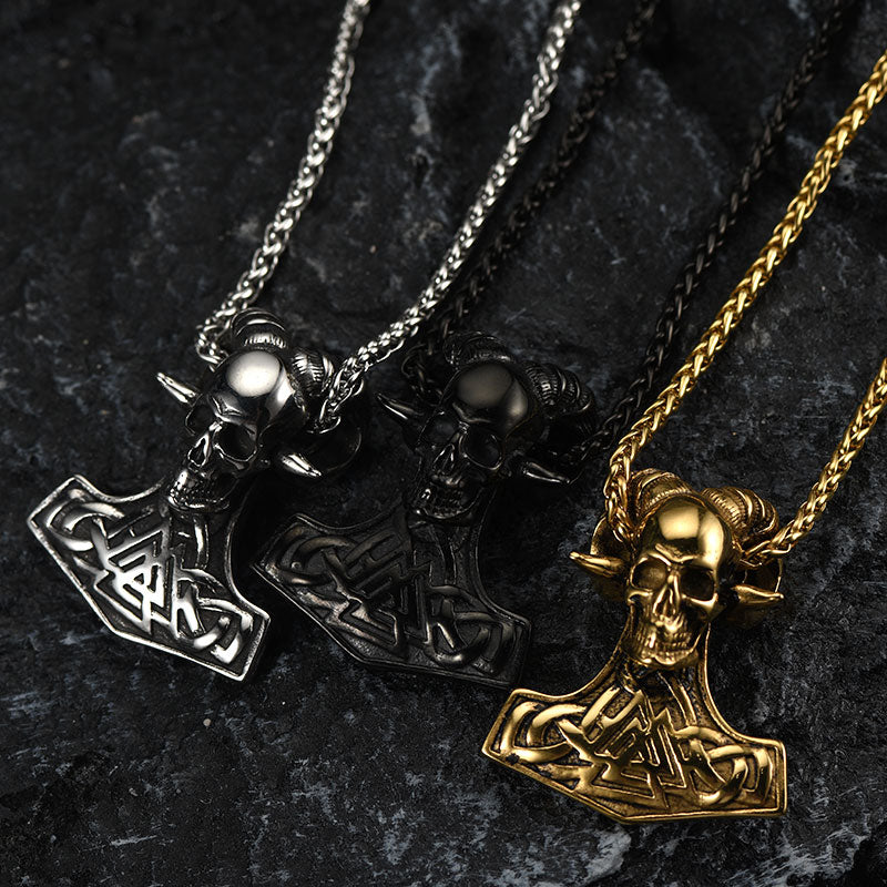 FaithHeart Viking Thor's Hammer Skull Necklace Pendant for Men FaithHeart