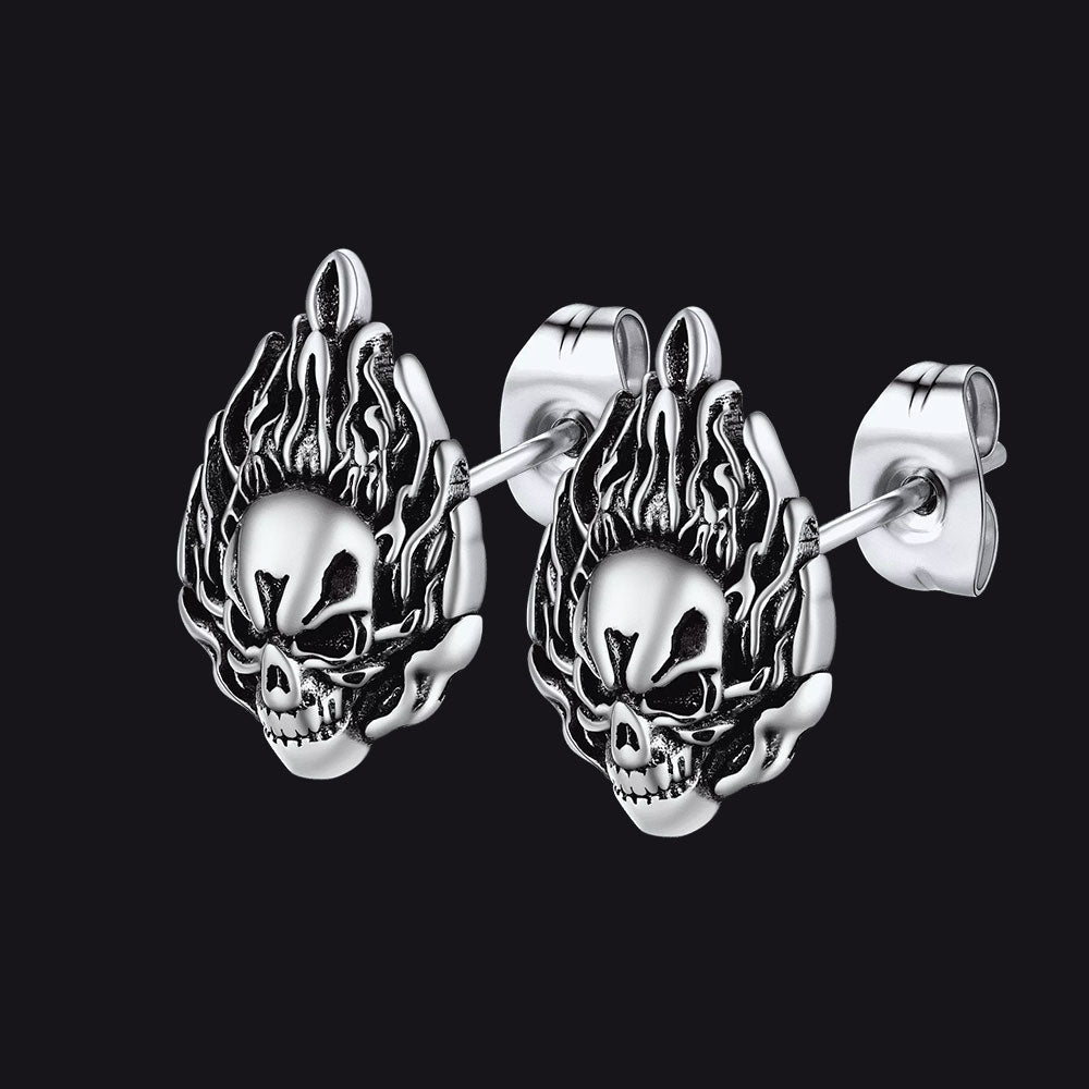 FaithHeart Flame Skull Stud Earrings For Men FaithHeart
