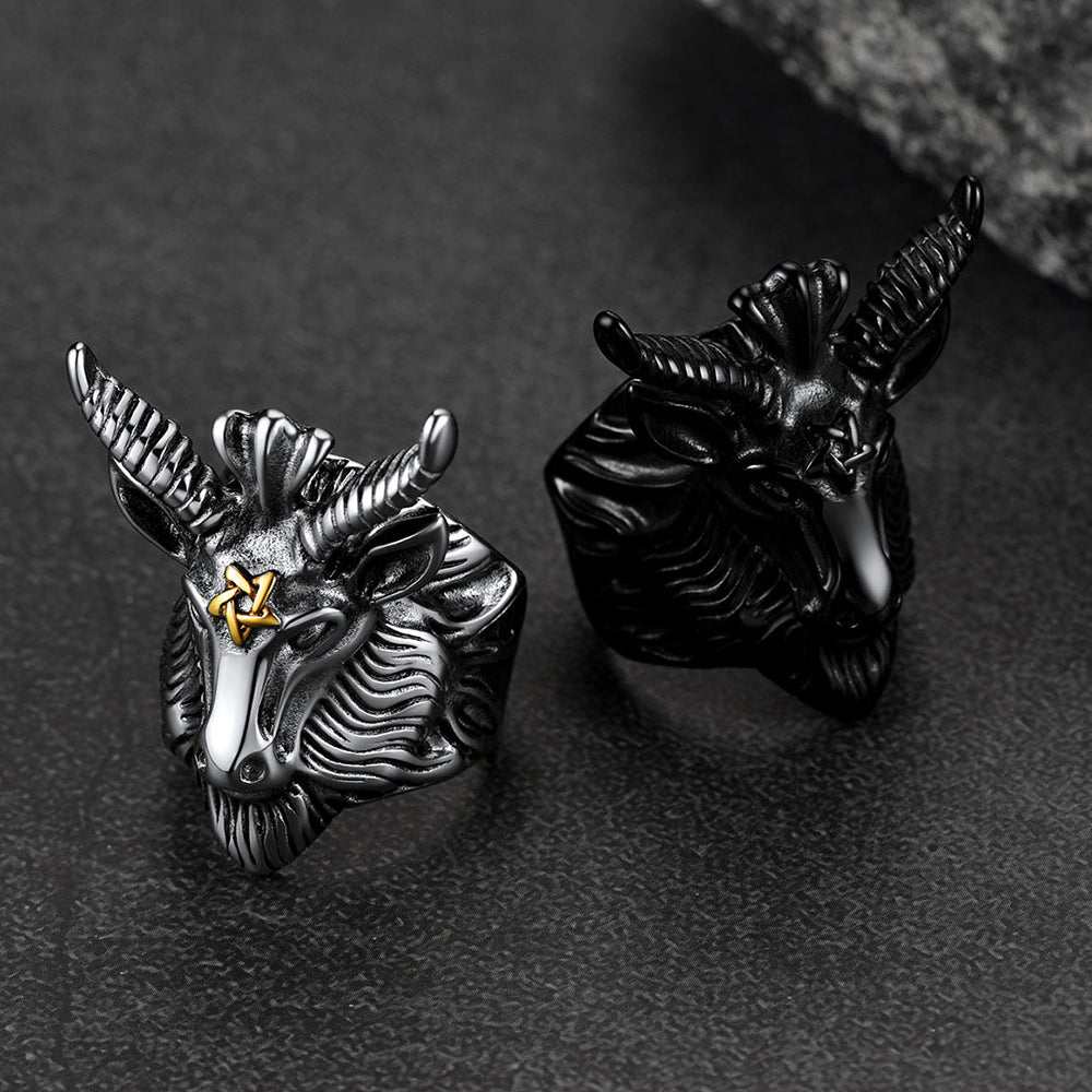 FaithHeart Satanic Baphomet Goat Ring For Men With Pentagram FaithHeart
