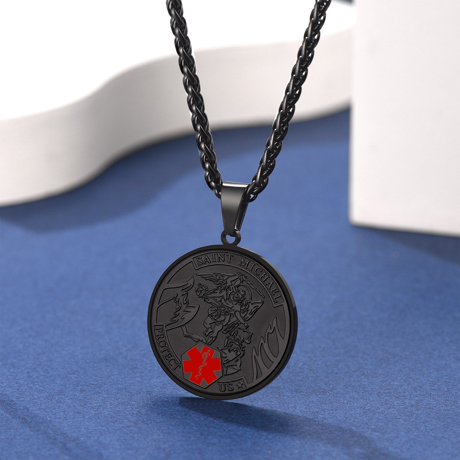 FaithHeart Custom Saint Michael Medical Alert ID Pendant Necklace Military FaithHeart