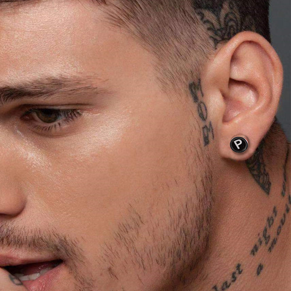 FaithHeart Black Enamel Initial Stud Earrings For Men FaithHeart