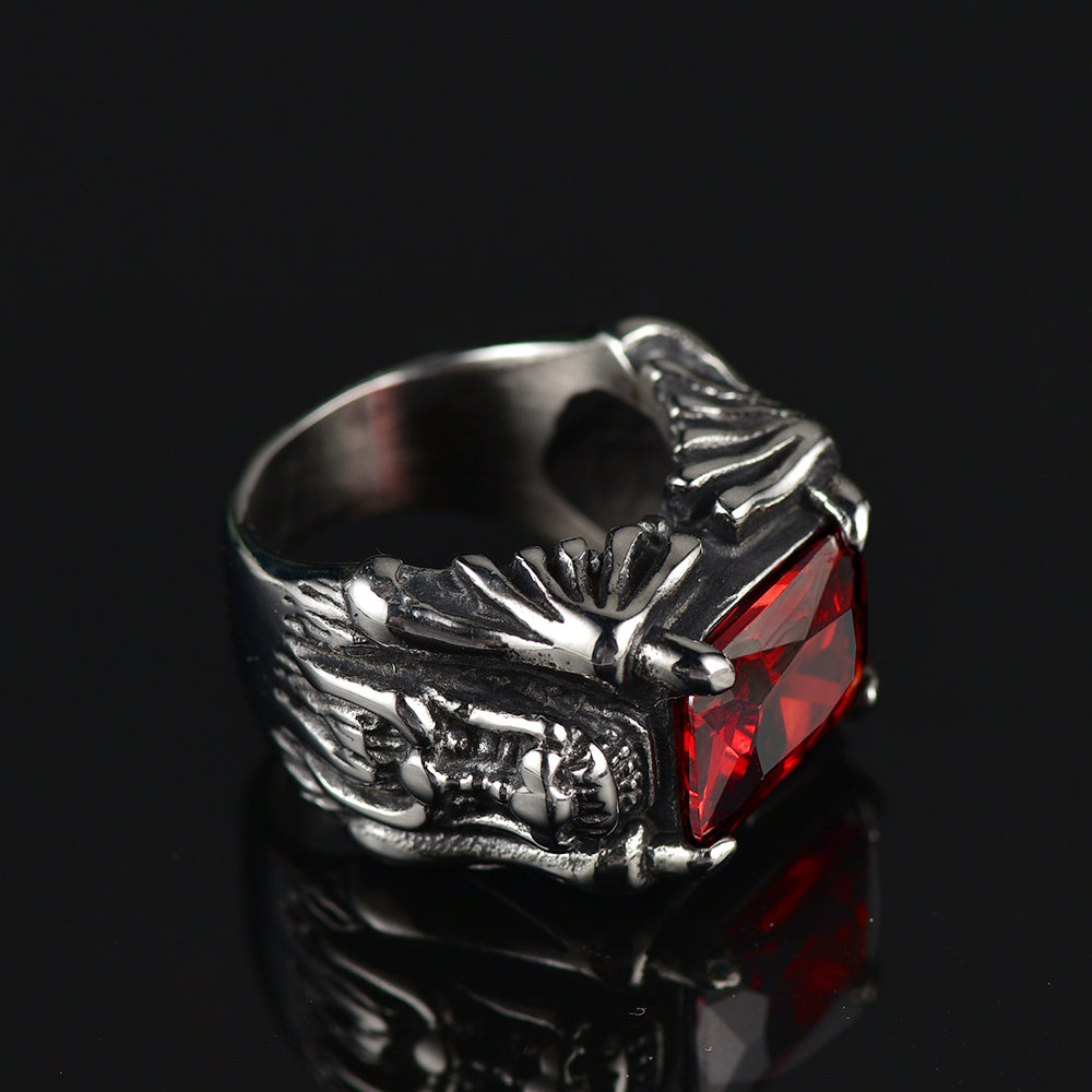 FaithHeart Gothic Dragon Ruby Ring for Men Stainless Steel FaithHeart