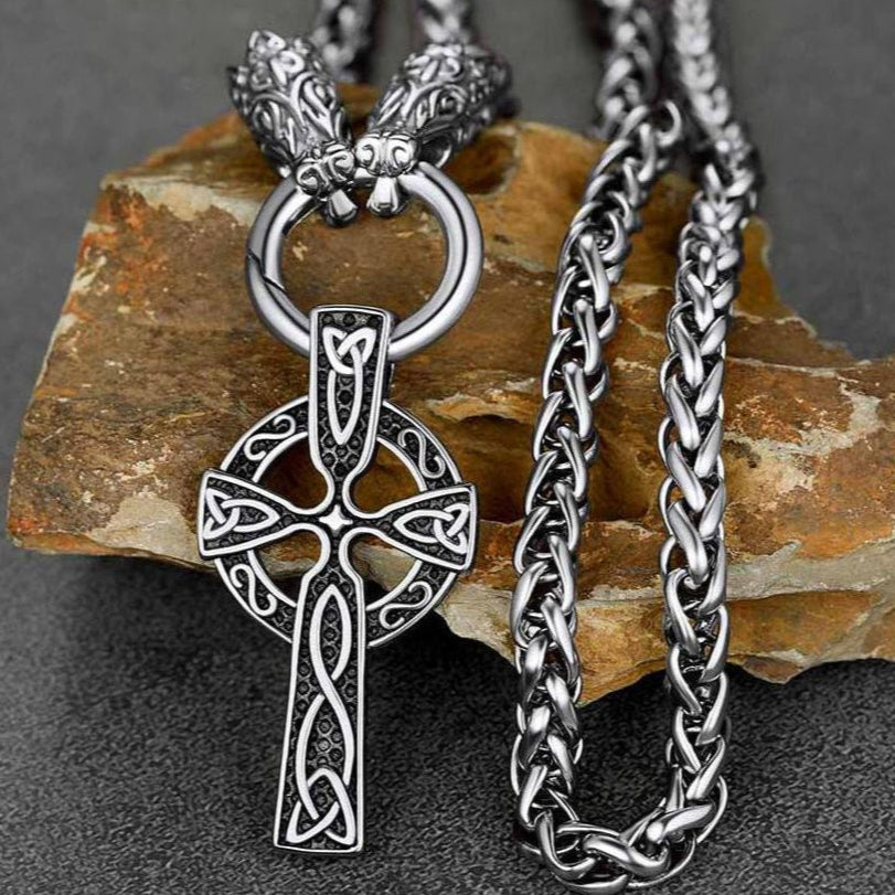 FaithHeart Celtic Knot Cross Necklace With Wolf Rope Chain For Men FaithHeart