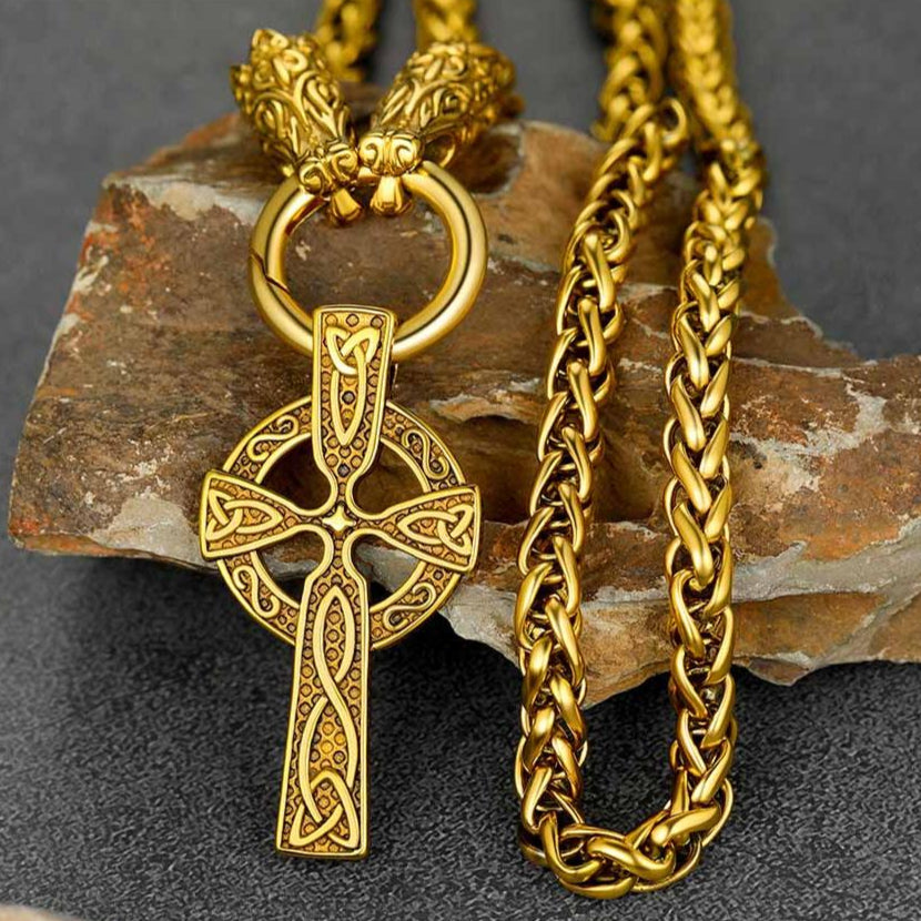 FaithHeart Celtic Knot Cross Necklace With Wolf Rope Chain For Men FaithHeart