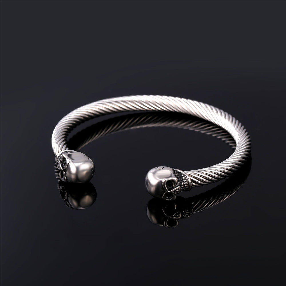 FaithHeart Stainless Steel Twin Skull Cuff Bracelet Twisted Cable Bangle for Men FaithHeart