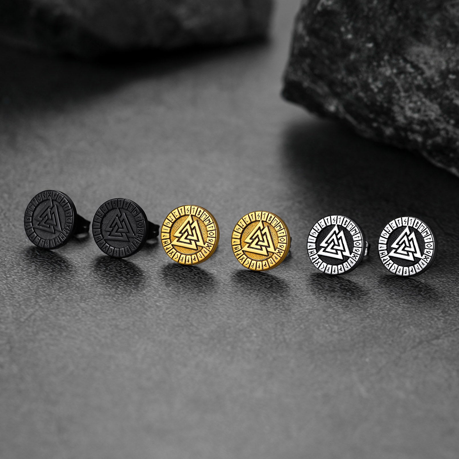 FaithHeart Viking Valknut Black Stud Earrings For Men With Runes FaithHeart