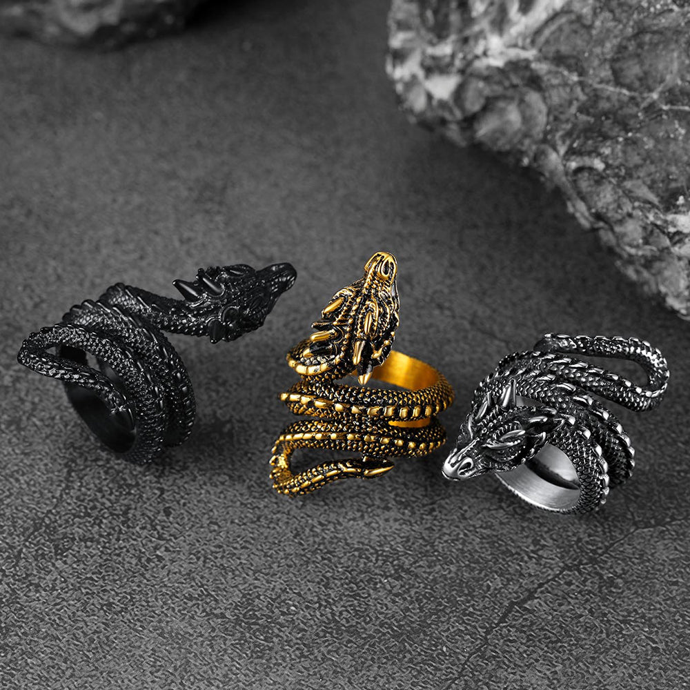 FaithHeart Punk Coiled Dragon Ring For Men Stainless Steel FaithHeart