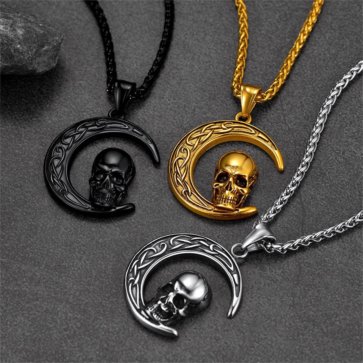 FaithHeart Celtic Crescent Moon Skull Necklace For Men FaithHeart