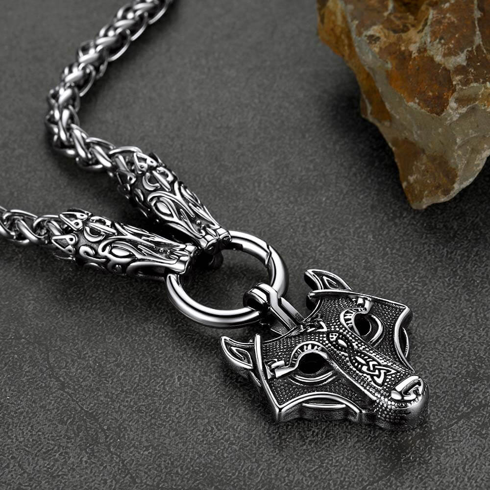 FaithHeart Viking Wolf Pendant Necklace With Wolf Rope Chain For Men FaithHeart