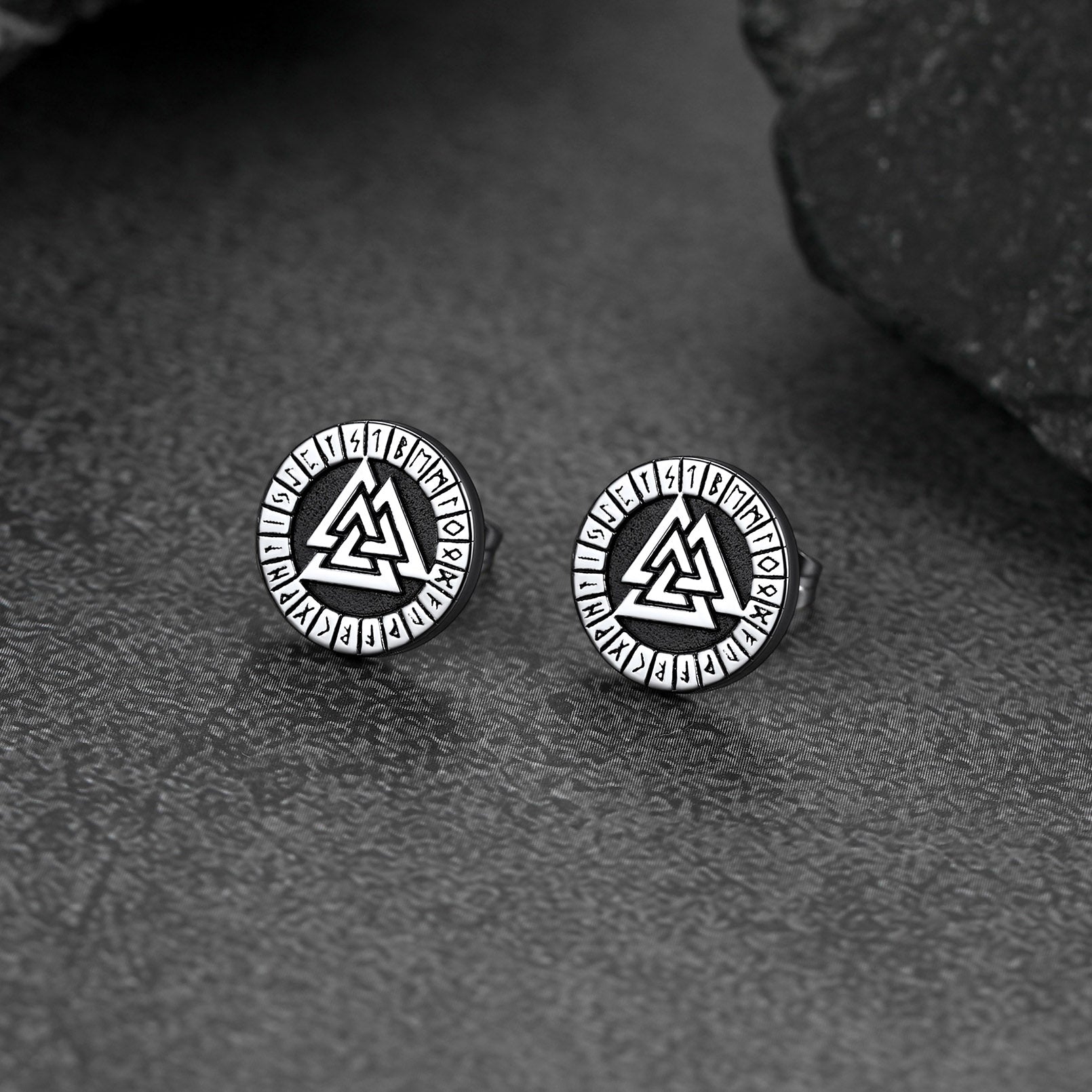 FaithHeart Viking Valknut Black Stud Earrings For Men With Runes FaithHeart