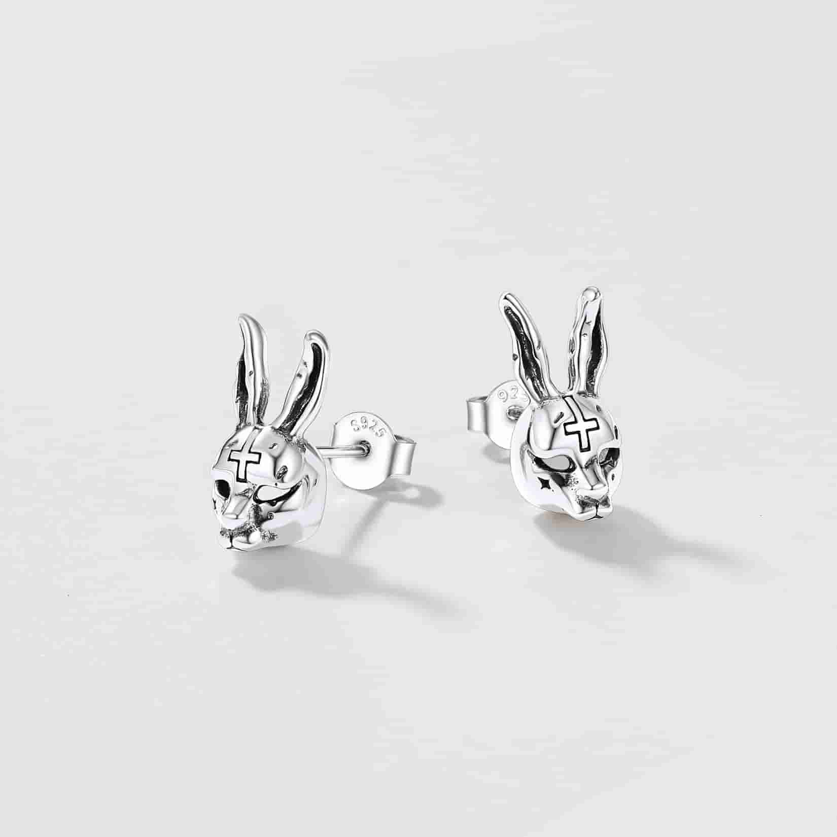 FaithHeart Sterling Silver Halloween Evil Bunny Stud Earrings For Men FaithHeart