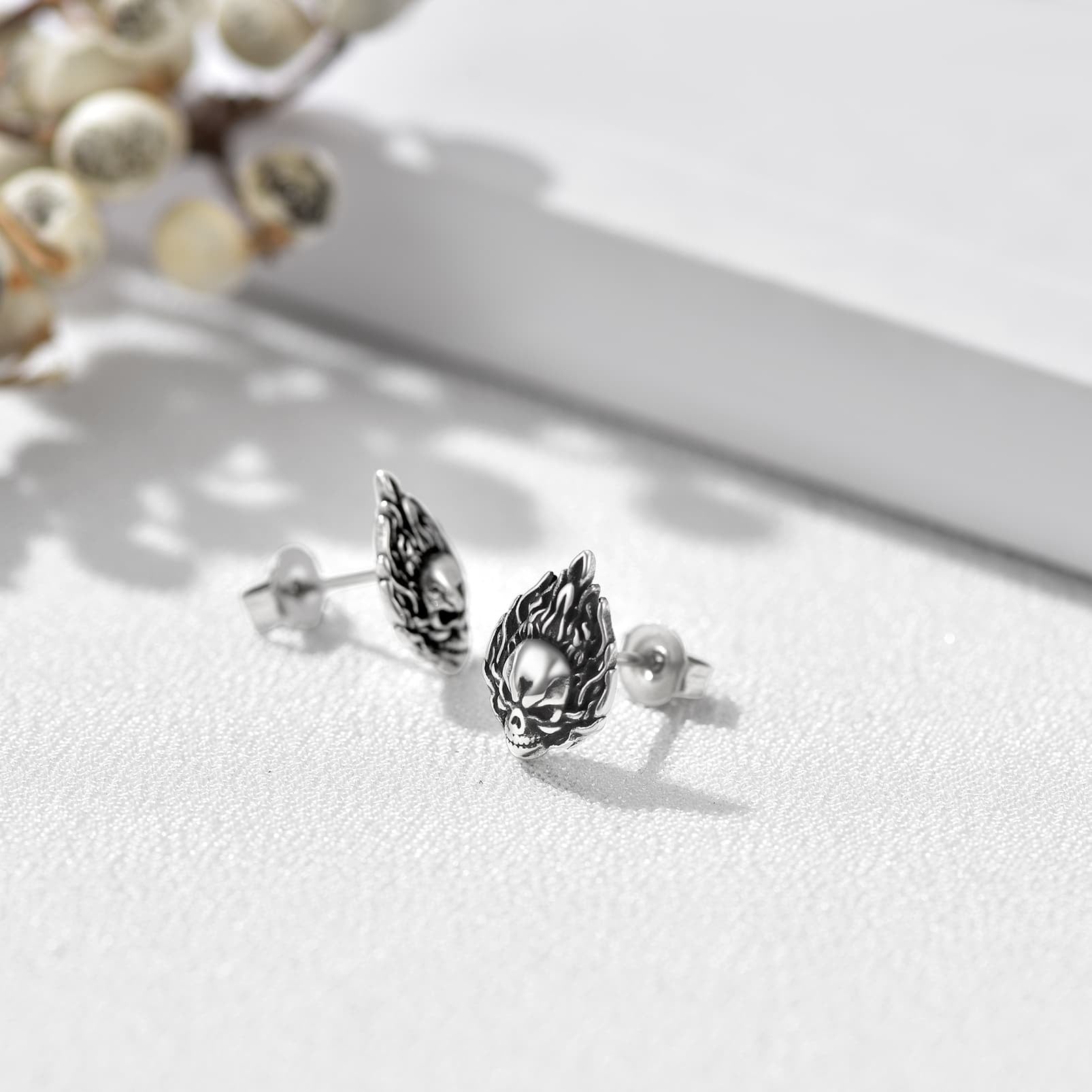 FaithHeart Flame Skull Stud Earrings For Men FaithHeart