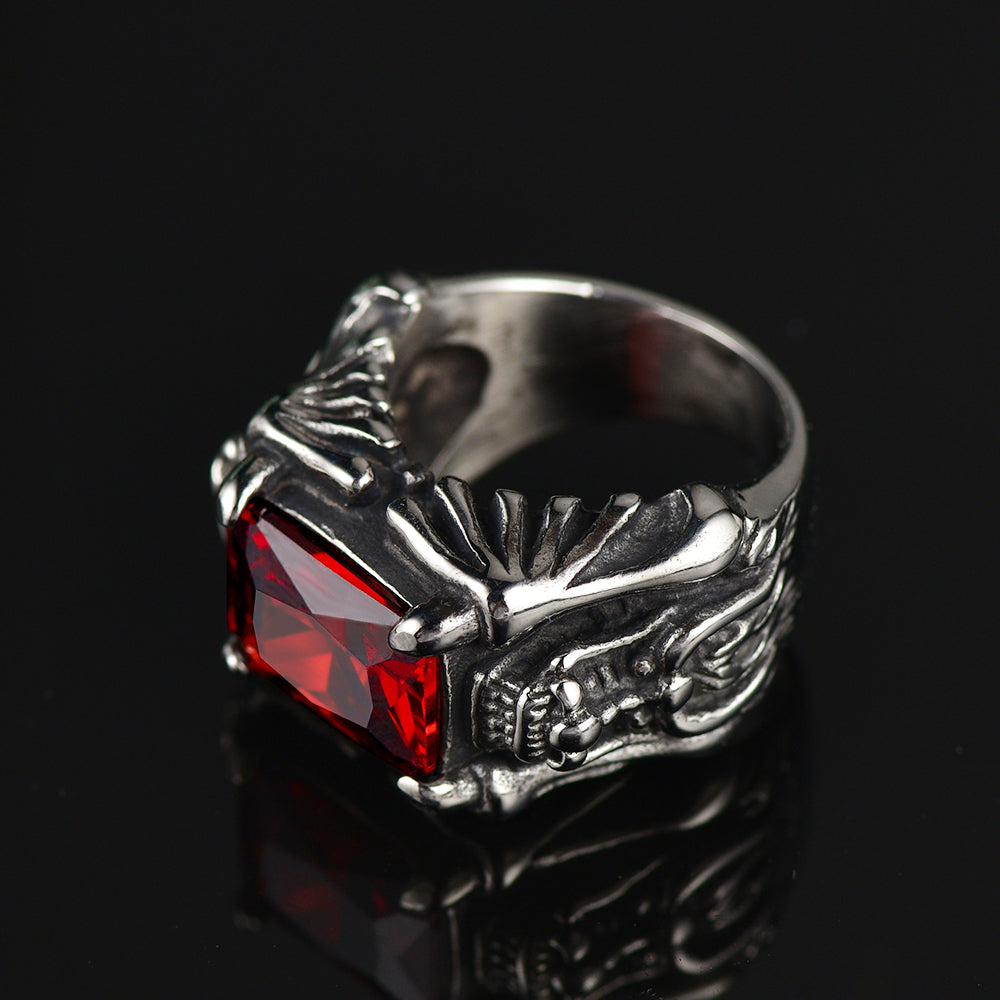 FaithHeart Gothic Dragon Ruby Ring for Men Stainless Steel FaithHeart