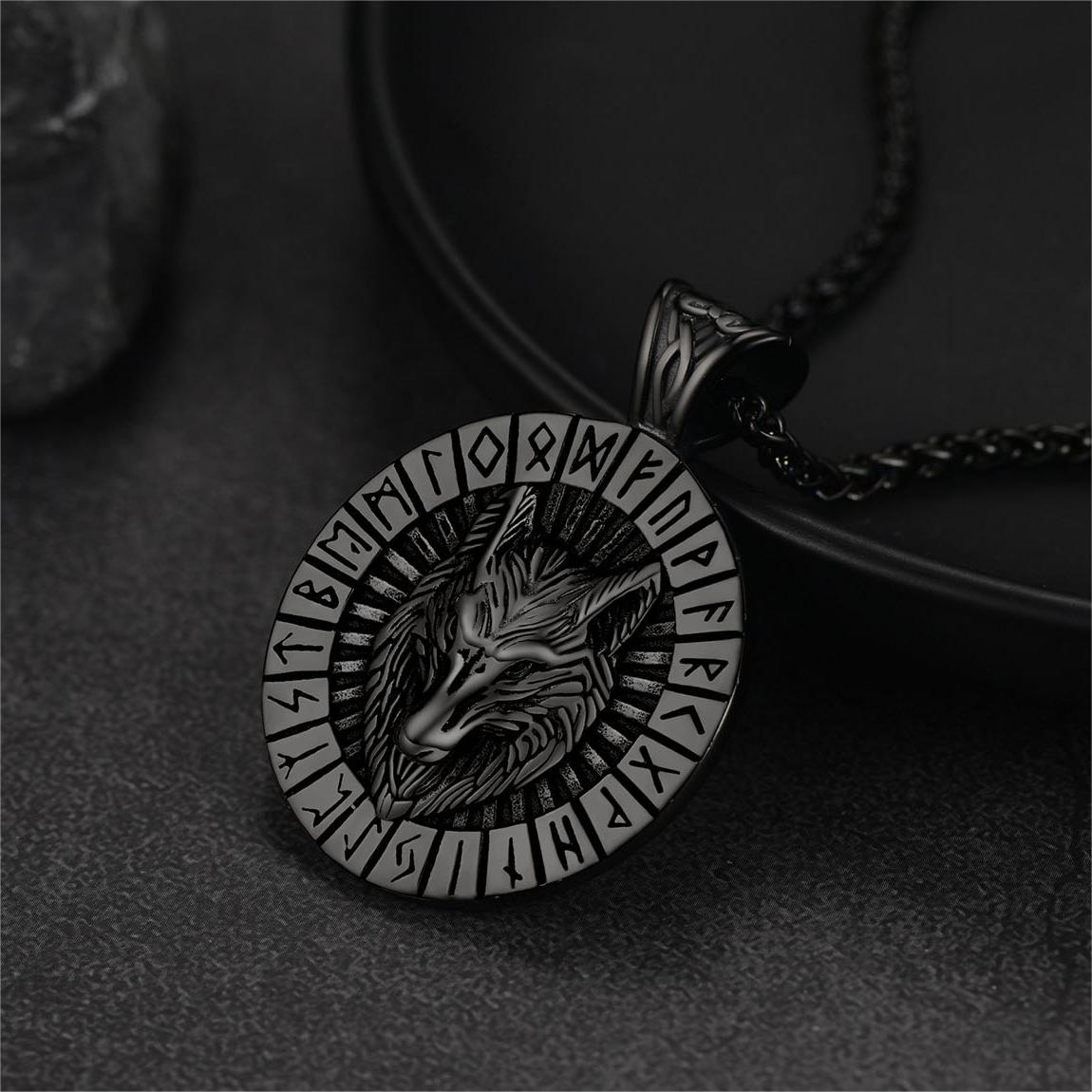 FaithHeart Viking Wolf Amulet Necklace With Runes For Men FaithHeart